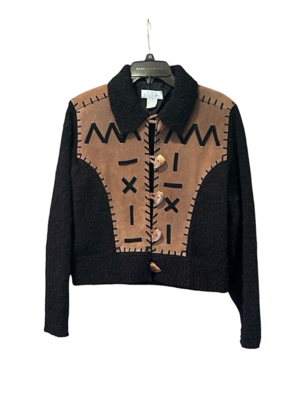 Vintage Sandy Starkman Jacket Small Suede Leather Knit Patchwork Art to Wear 90s